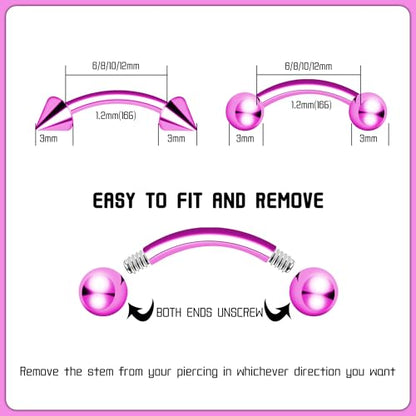 BLISI G23 Solid Titanium Eyebrow Piercing Jewelry, Gold Black Rose Gold Silver Pink Rainbow Eyebrow Rings 16G Curved Barbell,Tiny Vertical Labret Lip Jewelry Rook Piercing Jewelry for Women and Men - color: Pink 1