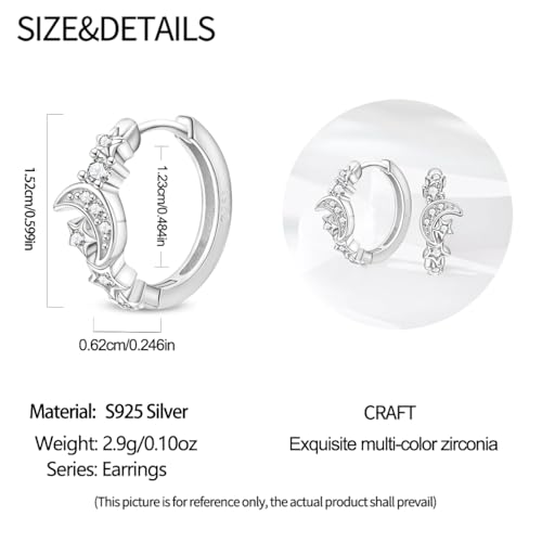 925 Sterling Silver Huggie Hoop Earrings for Women with 5A Cubic Zirconia Jewelry Birthday Gift - style: Moon