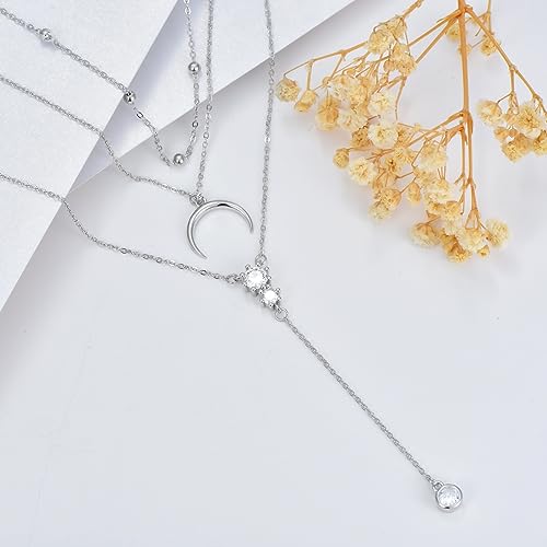 MONGAS Boho Layered Necklace Sterling Silver Triple 3 Stacked Vertical Bar Triangle Long Layering Necklaces Christmas Jewelry Gifts for Women - style: Moon
