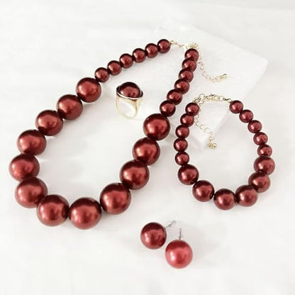 Chunky Beaded Jewelry Set, Necklace Earrings Bracelet Ring for Women Party | Simulated pearl jewelry set, necklace earrings bracelet & ring. Elegant chunky beaded, ideal gift for wedding and daily wear. - color: Dark Red