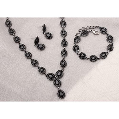 Austrian Crystal Rhinestone Necklace Dangle Earrings Link Bracelet Jewelry Set for Brides Bridesmaid Prom Costume Accessories for Women - color: Black-Gun Black