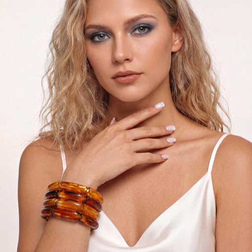 GOOJIDS Simple Beaded Gold Plated Bangles Bracelet Chunky Bamboo Tube Curved Stacking Clear Acrylic Colorful Beads Stretchable Gold Plated Bracelets Set For Women - color: S-Brown 4pc Set