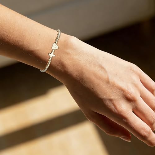Mikovivi Women's Cross Bracelet with Initial Beads, Elastic Heart Alphabet Charm Stackable Beaded Bracelet Religious Christian Jewelry Gift - style: Letter D