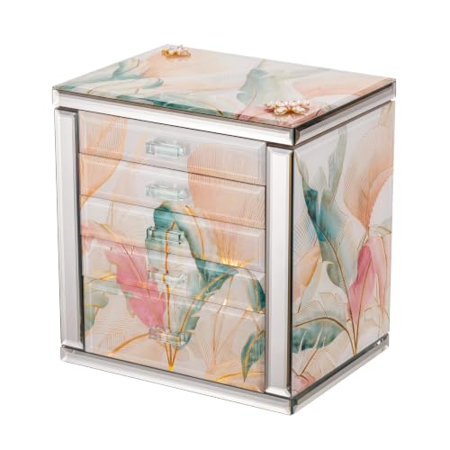 High End Glass Jewelry Box, 5 Layer Jewelry Organizer for Women, Side Doors & Mirror, Velvet-Lined Storage for Rings & Necklaces, Gift for Women (Pink Floral) - color: Pink, size: 5 Layer(7.4"D x 10.2"W x 11.3"H)