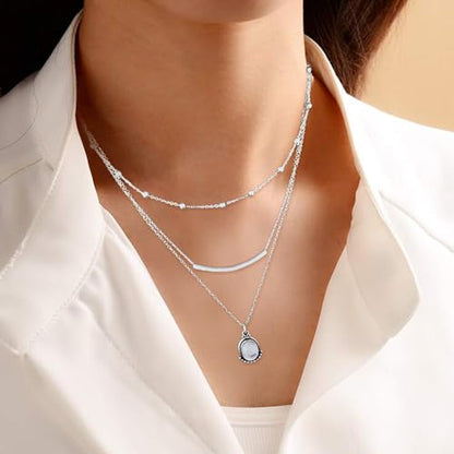 HUASAI Boho Necklaces for Women Dainty Layered Choker Necklace Bohemian Turquoise Necklace Statement Jewelry Western Cowgirl Country Concert Outfits Accessories - color: C Silver Layered Beaded Moonstone Necklace