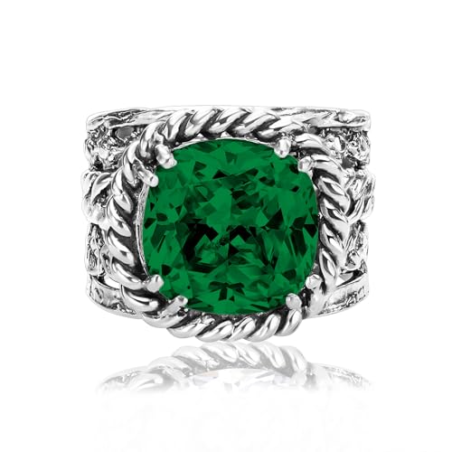 JEAN RACHEL JEWELRY 925 Sterling Silver Braid Leaf Cushion Ring | Ornate statement ring beautifully adorned with sculpted leaf motifs, twisted rope braids, and a CZ center stone. - color: Emerald CZ