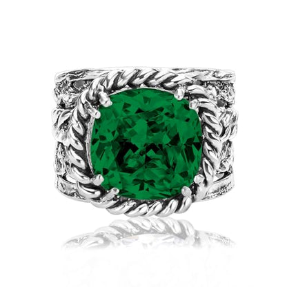 JEAN RACHEL JEWELRY 925 Sterling Silver Braid Leaf Cushion Ring | Ornate statement ring beautifully adorned with sculpted leaf motifs, twisted rope braids, and a CZ center stone. - color: Emerald CZ