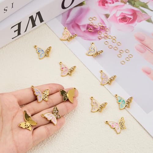UMAOKANG 8pcs Colorful Enamel Butterfly Charm Bulk, Gold Plated Stainless Steel Jewelry Making Charms with Jump Rings - color: Butterfly