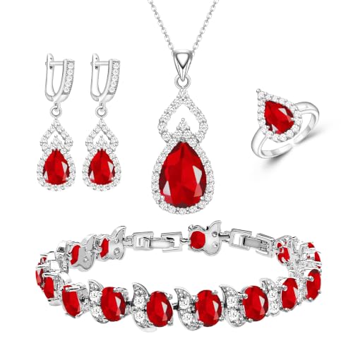 Wedding Jewelry Set for Women Gem Necklace Earrings Bracelet Luxury Jewelry Set Birthday Valentine's Day Mother's Day Christmas Prom Jewelry Gift - color: KKJ-4-Ruby Red