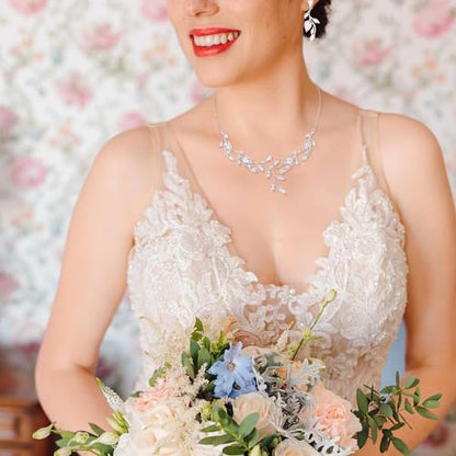 Crysdue Women's Wedding Bridal Jewelry Set for Brides Bridesmaids Cubic Zirconia Flower Leaf Vine Necklace Dangle Earrings for Prom Party - style: 23-silver