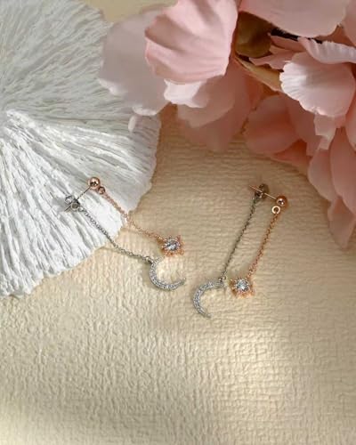 Moon and Star Dangle Earrings | Chain Tassel with Cubic Zirconia Drop Front and Back Earrings Celestial Jewelry for Wedding Gift - color: Rose Gold and Silver