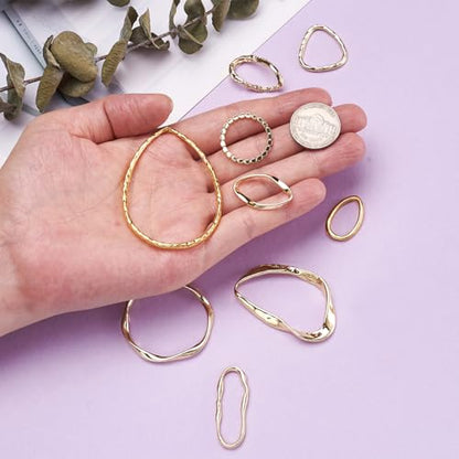 Elecrelive 54Pcs Golden Hollow Frame Pendants Twist Linking Rings 9 Styles | Open Bezel Charm Connectors Earring Beading Hoop Stainless Steel Link Ring for Earrings Bracelet Necklace Macrame Making - color: Golden 10 Styles