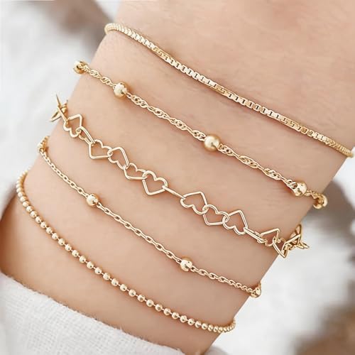 Gold Plated Layered Bracelet Set, Adjustable Paperclip Snake Chain Jewelry for Women - color: Box,Ball,Hollow heart,Satellite bead,Beaded