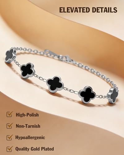 Four Leaf Clover Bracelet 18K Gold Plated Bracelets for Women Lucky Flower Design Stainless Steel Hypoallergenic Link Chain Adjustable Dainty Trendy Jewelry Gifts for Women - color: Silver Black