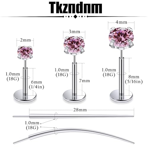 F136 Titanium 20/18/16G Earrings Nose Lip Rings Medusa Tragus Cartilage Helix Labret Flat Back Threadless Implant Grade Stud Piercing Jewelry for Women - color: Pink CZ, size: 18g*6/7/8mm*2/3/4mm
