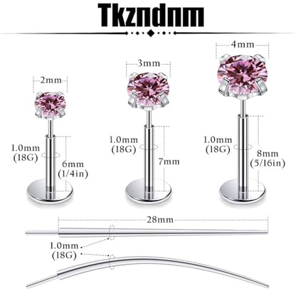 F136 Titanium 20/18/16G Earrings Nose Lip Rings Medusa Tragus Cartilage Helix Labret Flat Back Threadless Implant Grade Stud Piercing Jewelry for Women - color: Pink CZ, size: 18g*6/7/8mm*2/3/4mm