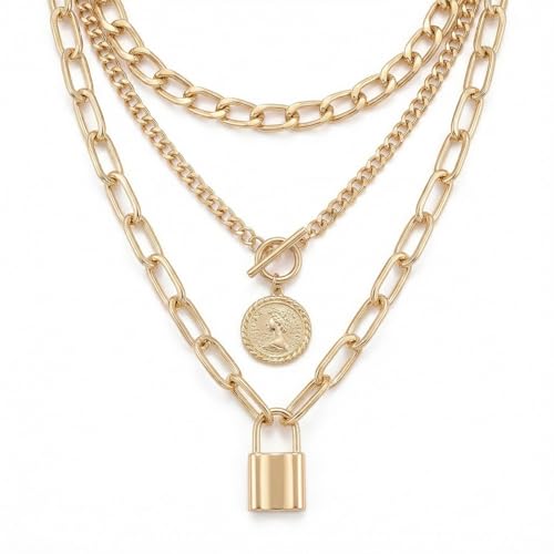 9-Piece Gold Tone Layered Chain Necklace Set for Women, Versatile Stackable Necklaces with Vertical Bar/Herringbone/Padlock Coin Charms, Trendy Boho Jewelry - style: TZJ-003360