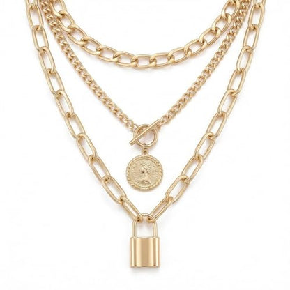 9-Piece Gold Tone Layered Chain Necklace Set for Women, Versatile Stackable Necklaces with Vertical Bar/Herringbone/Padlock Coin Charms, Trendy Boho Jewelry - style: TZJ-003360