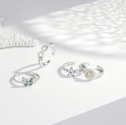Step Forward 925 Sterling Silver Toe Rings for Women - Adjustable Infinity Daisy Starfish Butterfly Stylish Toe Ring Band for Woman - Summer Vacation Beach Boho Foot Jewelry Gifts - style: Butterfly