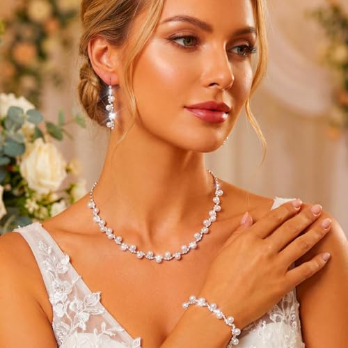 Aukmla Pearl Wedding Jewelry Sets Silver Rhinetsone Choker Necklace and Earring Bracelet Set Prom Jewelry for Brides and Women - color: Silver