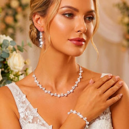 Aukmla Pearl Wedding Jewelry Sets Silver Rhinetsone Choker Necklace and Earring Bracelet Set Prom Jewelry for Brides and Women - color: Silver