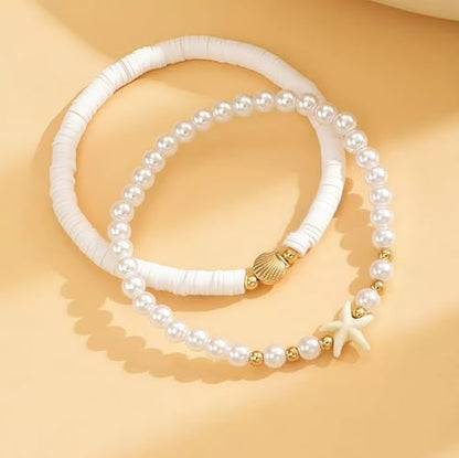 Faux Pearl Beaded Anklet Boho Starfish Soft Pottery Elastic Ankle Bracelets for Women Hawaiian Beach Vacation Surfing Ornament for Daughter Summer Waterproof Stretchy Stackable Anklet Gift 2PCS