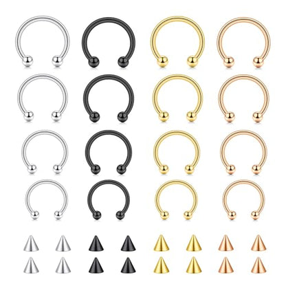 16G Septum Nose Rings Stainless Steel Hinged Seamless Nose Hoop Ring Horseshoe Piercing Jewelry Captive Bead Ring Helix Daith Tragus Cartilage Earrings for Women Men - style: style1-4 colors
