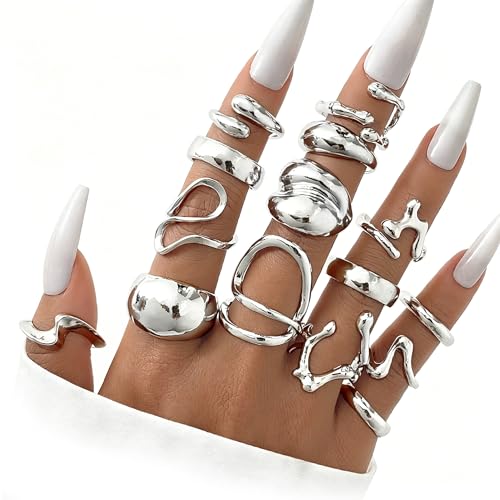 Chunky Rings for Women Non Tarnish 14k Stackable Dome Statement Rings Sets Vintage Dainty Knuckle Open Midi Finger Rings Jewelry Pack Gifts - style: Silvery 15PCS