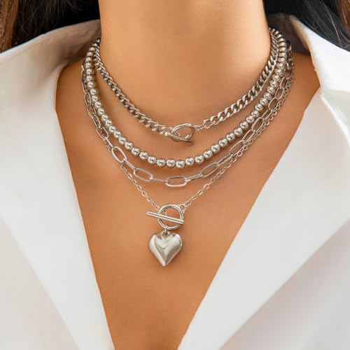 Chunky Gold Necklace Stack Layered Gold Necklaces for Women Non Tarnish Silver Statement Necklace Paperclip Chain Necklace Set Layering Big Heart Coin Cross Necklace Chunky Jewelry - style: 1 - silver with heart