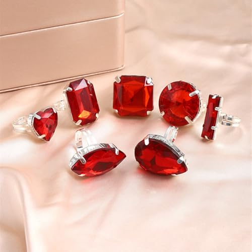Chunky 7Pcs Silver Crystal Knuckle Rings Set Geometric Rhinestone Waterdrop Open Rings Stackable CZ Circle Square Finger Rings Jewelry Set for Women - color: Red