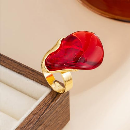Chunky Statement Ring for Women Colorful Big Resin Rings Statement Irregular Geometric Shaped Large Ring Boho Summer Beach Vacation Chunky Jewlery - color: Red