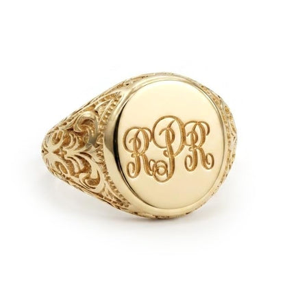 Unisex Oval Custom Signet Ring in Solid Gold 9K, 14K, & 18K, Personalized Initial Engraved Chevalier Ring, Crest design