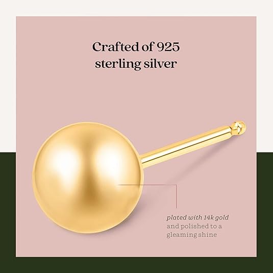 KEZEF 925 Sterling Silver Ball Stud Earrings for Women, 2mm to 10mm | Nine Bead Sizes, Three Finishes, Hypoallergenic Nickel Free Post, Butterfly Push Back, Sold As One Pair - color: 14k Yellow Gold, size: 6mm