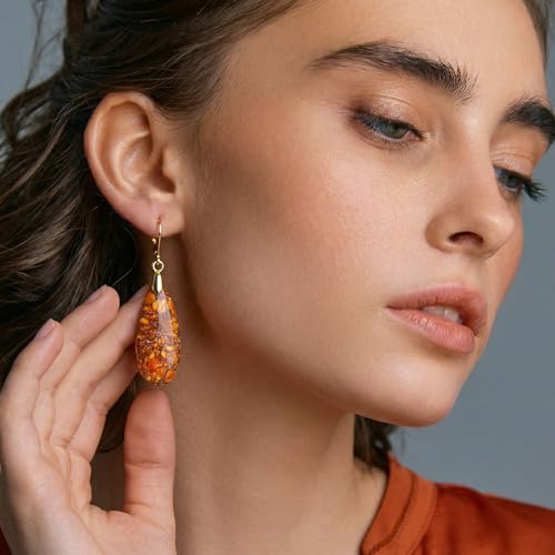 Natural Healing Teardrop Stone Leverback Dangle Drop Earrings Statement Gold earrings - color: Orange -Gold