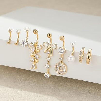 G&O JFU 9 Pcs Belly Button Ring Dangle Hypoallergenic Surgical Stainless Steel Heart Flower Pearl Bow Dangly Belly Rings for Women 14G Clicker Floating Navel Piercing Jewelry - color: Gold Clear
