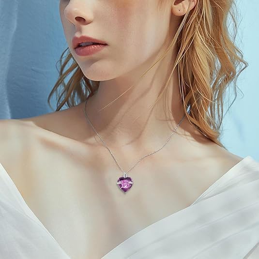 Q&D&S Crystal Urn Necklace for Ashes, Heart Birthstone Memorial Cremation gift Jewelry for Women - color: purple