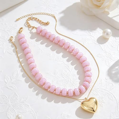 YUJIE Chunky Heart Pendant Necklace for Women- Exaggerated Statement Puff Heart Necklace with Acrylic Beaded Chain - color: B-PINK