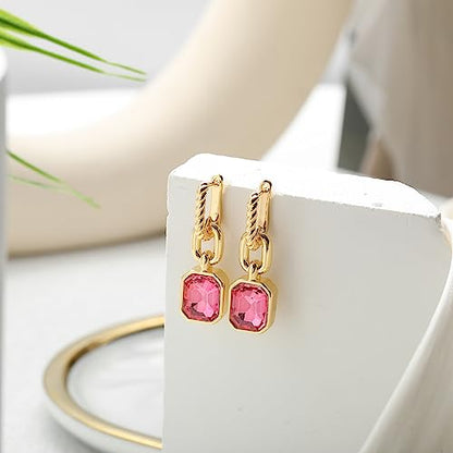 Birthstone Crystal Dangle Drop Earrings, 18K Gold Plated Huggie HoopEarring | Hypoallergenic Earring Jewelry Gifts for Women, Birthdays, anniversaries, weddings - color: Hot Pink-1