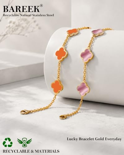 Four Leaf Clover Bracelet for Women 18K Gold Plated Stainless Steel 4 Leaf Link Chain Adjustable Bracelets Lucky Gift for Women/White/Black/Rich Red/Emerald Green/ Navy Blue/Pink Bracelets - color: Orange/Gold