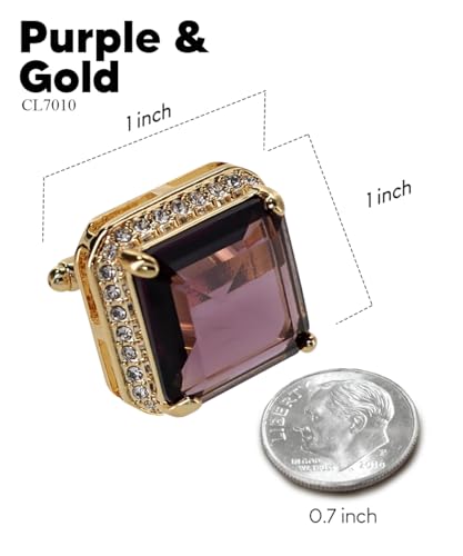 Large Big Square Crystal Color Stone Cuff Links for Men – Tuxedo Suit Accessories, Cufflinks for Men - style: Purple/Gold