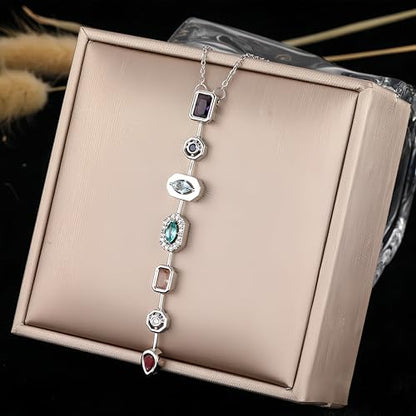 18K Gold Plated Seven Chakra Necklace for Women, Dainty Y Necklace Lariat Drop Pendant, Crystal Healing Yoga Jewelry Gifts - color: Silver 01