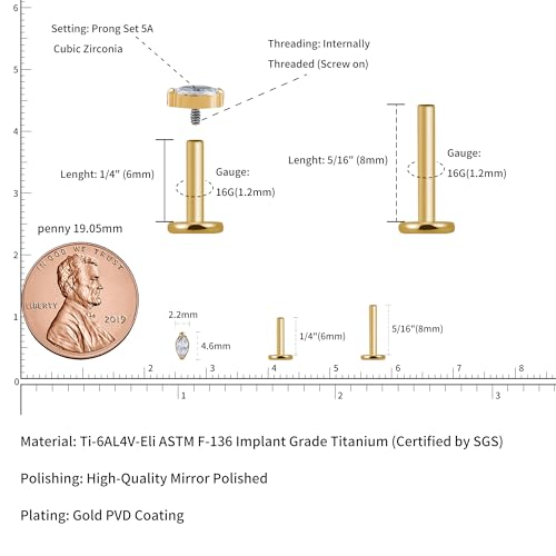 1PC Tragus Conch Helix Flat Labret Piercing Jewelry 16G 6mm 8mm - ASTM F136 Titanium Cartilage Earring Flatback Stud, Implant Grade Internally Threaded Hypoallergenic Body Jewelry (Clear CZ) - color: Clear Marquise CZ - Gold
