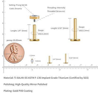 1PC Tragus Conch Helix Flat Labret Piercing Jewelry 16G 6mm 8mm - ASTM F136 Titanium Cartilage Earring Flatback Stud, Implant Grade Internally Threaded Hypoallergenic Body Jewelry (Clear CZ) - color: Clear Marquise CZ - Gold