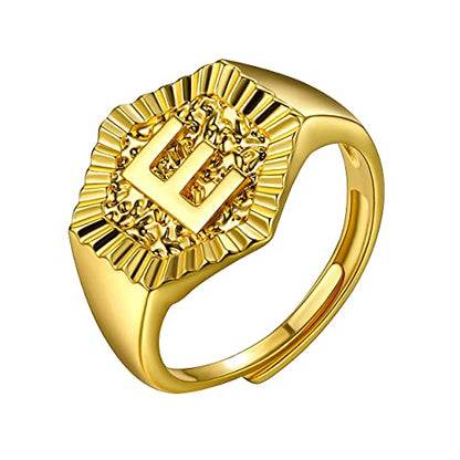 U7 Initial Ring Wedding Band for Men Women 18K Gold Plated Statement Hexagon A-Z Letter Jewelry Personalized Stackable Signet Rings - color: E