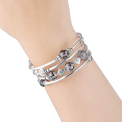 Beaded Pearl Bangle Wrap Bracelet - Fashion Bohemian Jewelry Multilayer Charm Bracelet with Thick Silver Metal Beads, Gift For Women - color: Grey