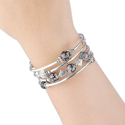 Beaded Pearl Bangle Wrap Bracelet - Fashion Bohemian Jewelry Multilayer Charm Bracelet with Thick Silver Metal Beads, Gift For Women - color: Grey