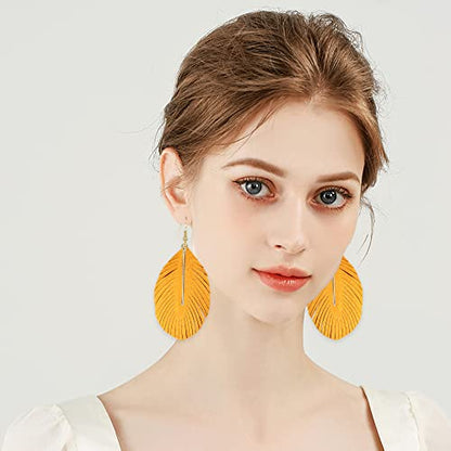 GBAHFY Feather Leather Layered Fringe Earrings for Women Boho Genuine Lightweight Leather Leaf Tassel Dangle Statement Earrings with Metal Bar - color: Yellow