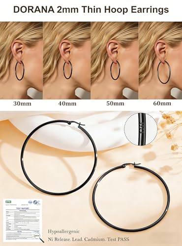2mm Thin 14K Gold Plated Large S925 Sterling Silver Hoop Earrings for Women Hypoallergenic Big Hoop Non Tarnish Earrings Lightweight 20/30/40/50/60/70mm - color: Black-60mm