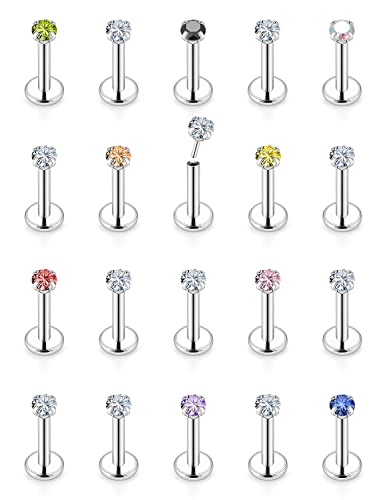 Vsnnsns 16G 18G 20G Threadless Push in Lip Rings Stainless Steel Flat Back Nose Rings Studs Tragus Helix Conch Cartilage Lobe Earrings Stud Piercing Jewelry for Women Men Diamond CZ Silver 20PCS - color: 18G-6MM Length-2.5MM CZ
