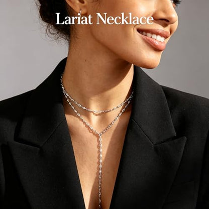 Gold Lariat Necklace for Women Layered Y Long Necklace Stainless Steel Choker Necklace Statement Necklaces Daily Prom Trendy Jewelry Gift for Women - color: Silver1